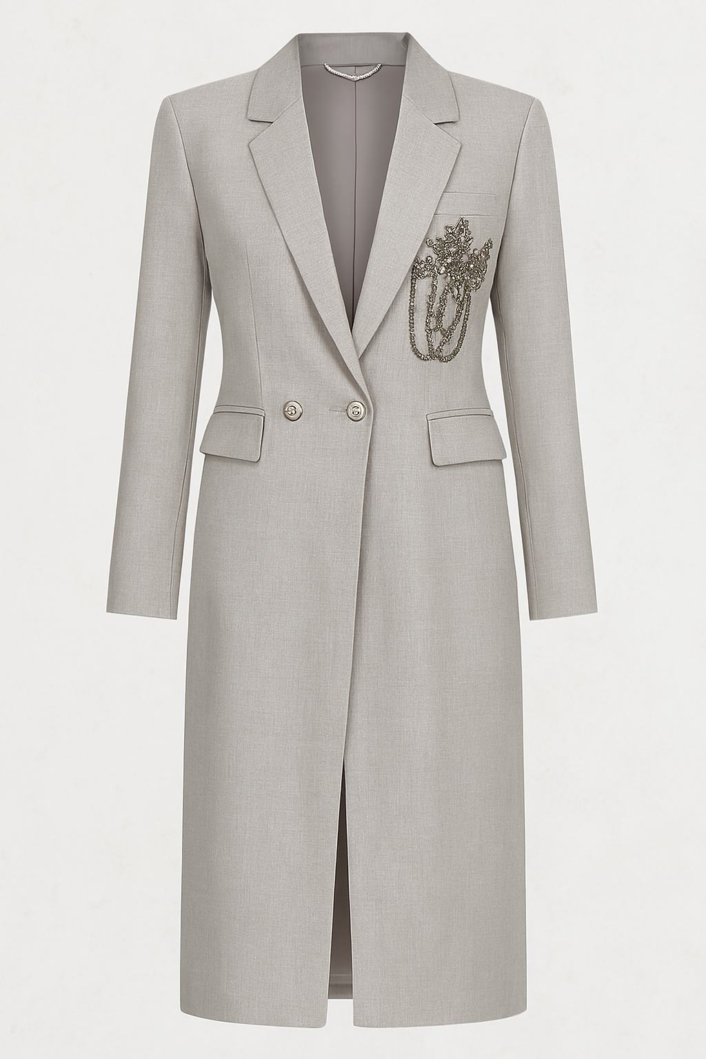 Veste Longue Tailleur – Gris Perle avec Broderie Chaînes
