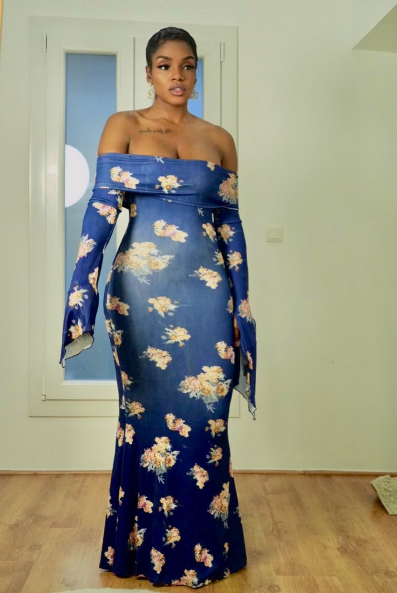 Robe Sirène Épaules Dénudées – Bleu Fleuri