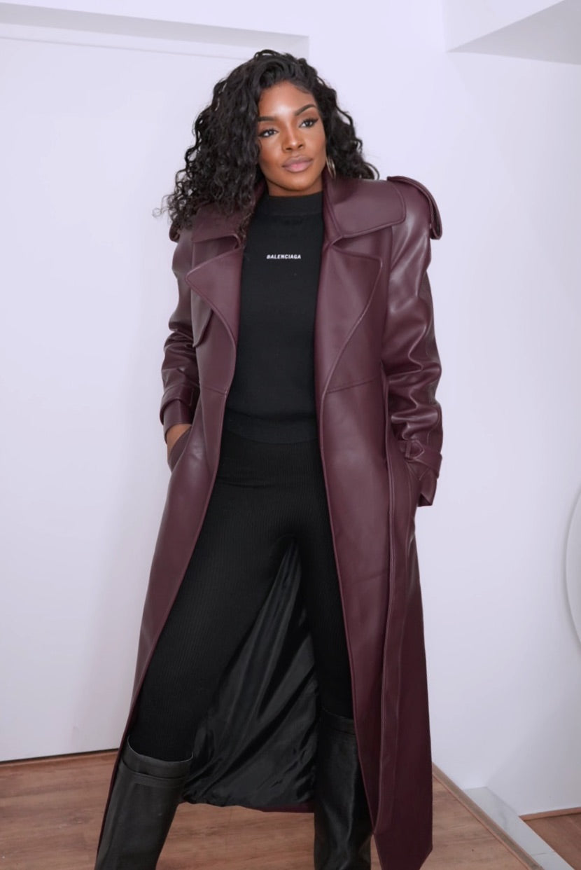 Manteau Long en Cuir Vegan Bordeaux - Studio