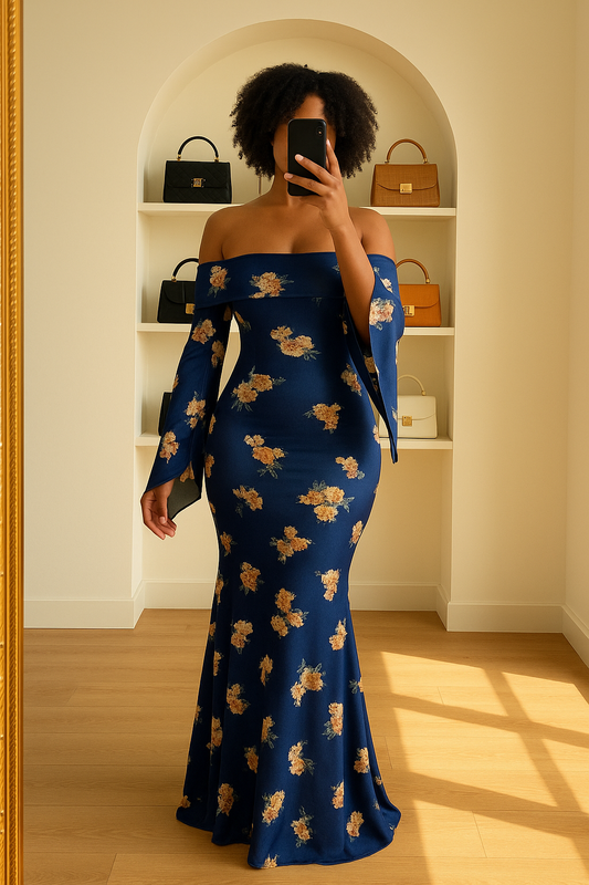 Robe Sirène Épaules Dénudées – Bleu Fleuri