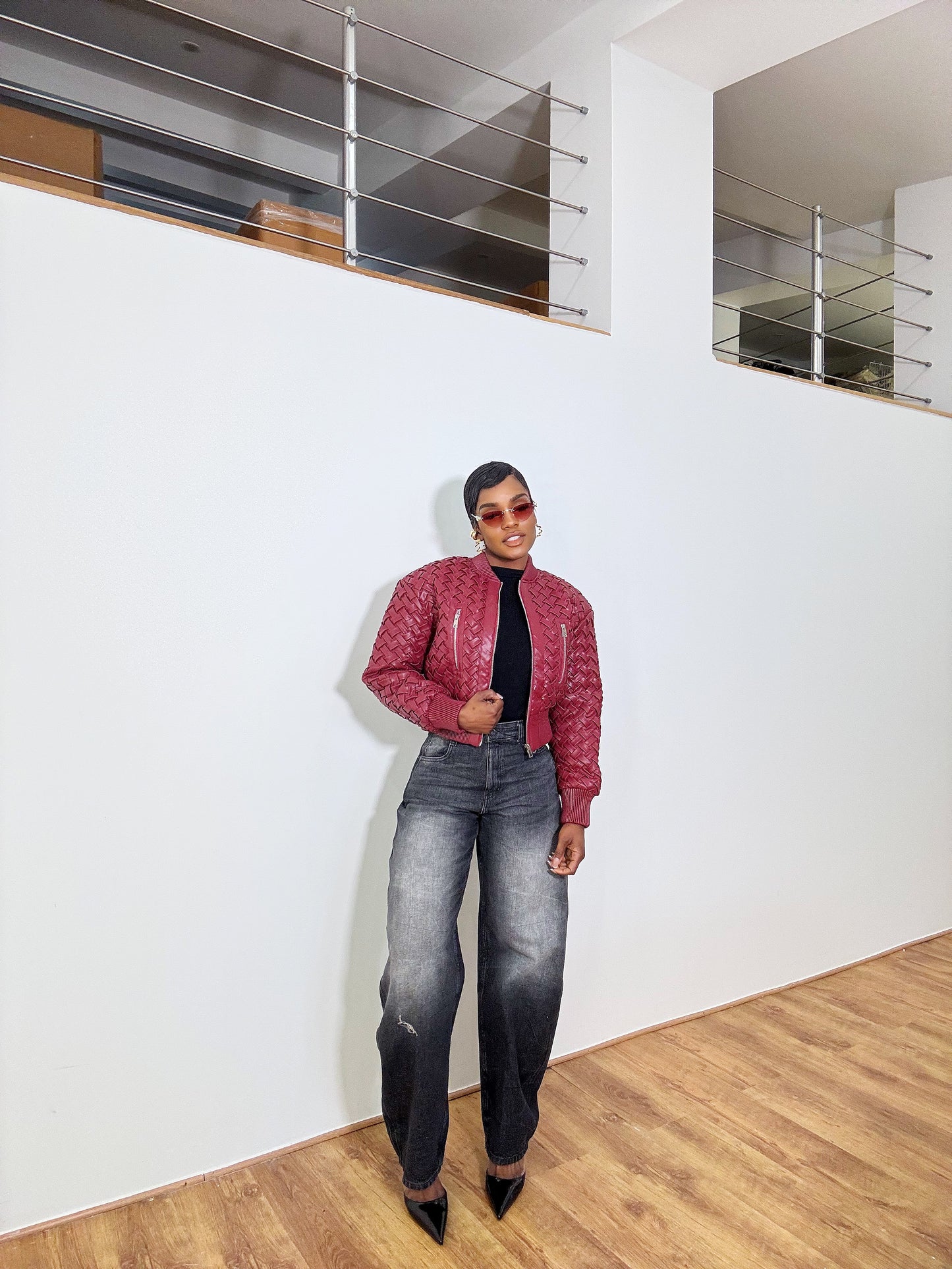 Veste Tressée en Similicuir - Bordeaux Luxe