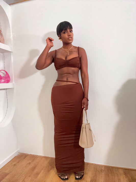 Ensemble Longue Jupe & Crop Top – Coloris Chocolat