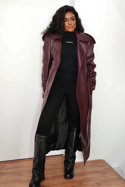 Manteau Long en Cuir Vegan Bordeaux - Studio