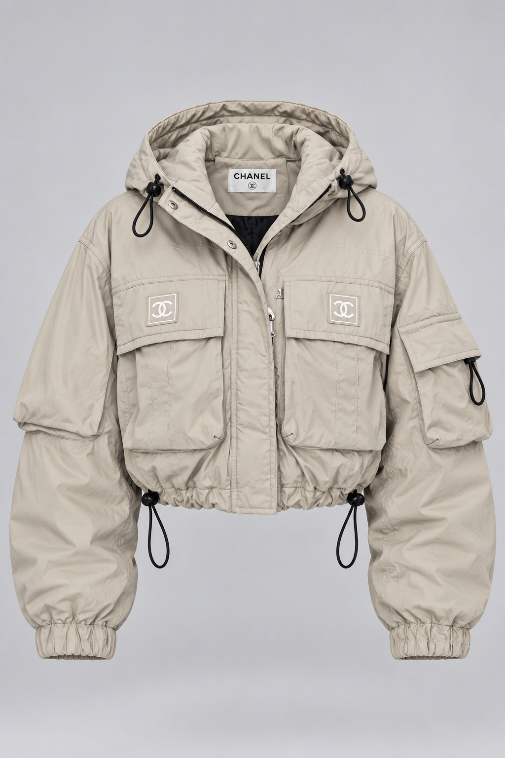 Veste cargo courte gris taupe à capuche