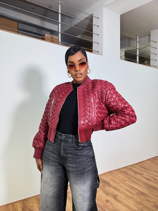 Veste Tressée en Similicuir - Bordeaux Luxe