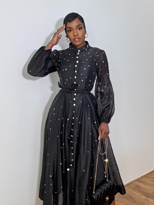 Robe Élégance Noire à Pois Scintillants