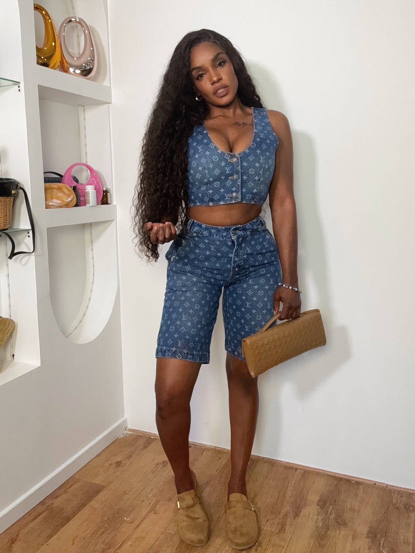 Ensemble Denim Monogramme – Haut Boutonné + Bermuda (Taille L)