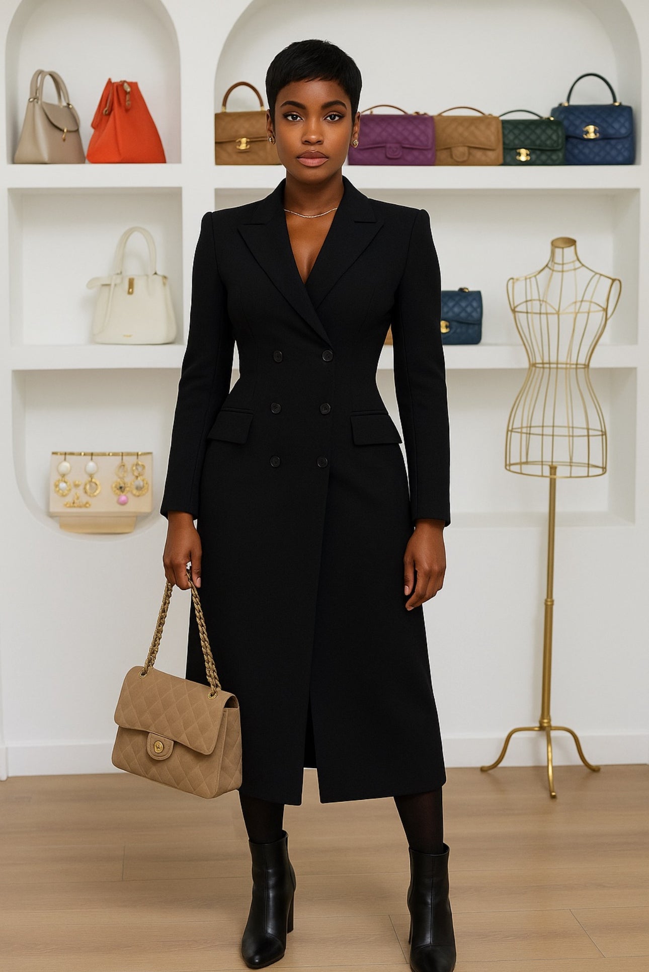 Manteau Long Blazer Élegance – Noir