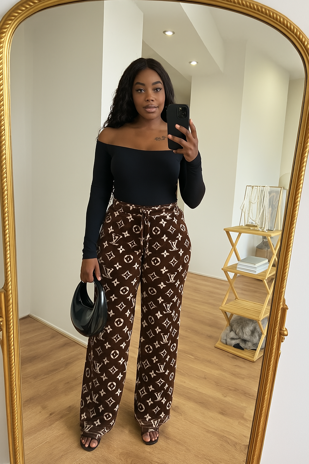 Pantalon Velours Luxe Motif Monogramme Marron