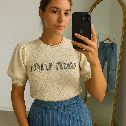 Pull Maille Manches Bouffantes et Détails Perles
