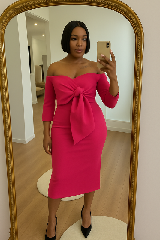 ROBE FUCHSIA À NŒUD – COUPE MIDI
