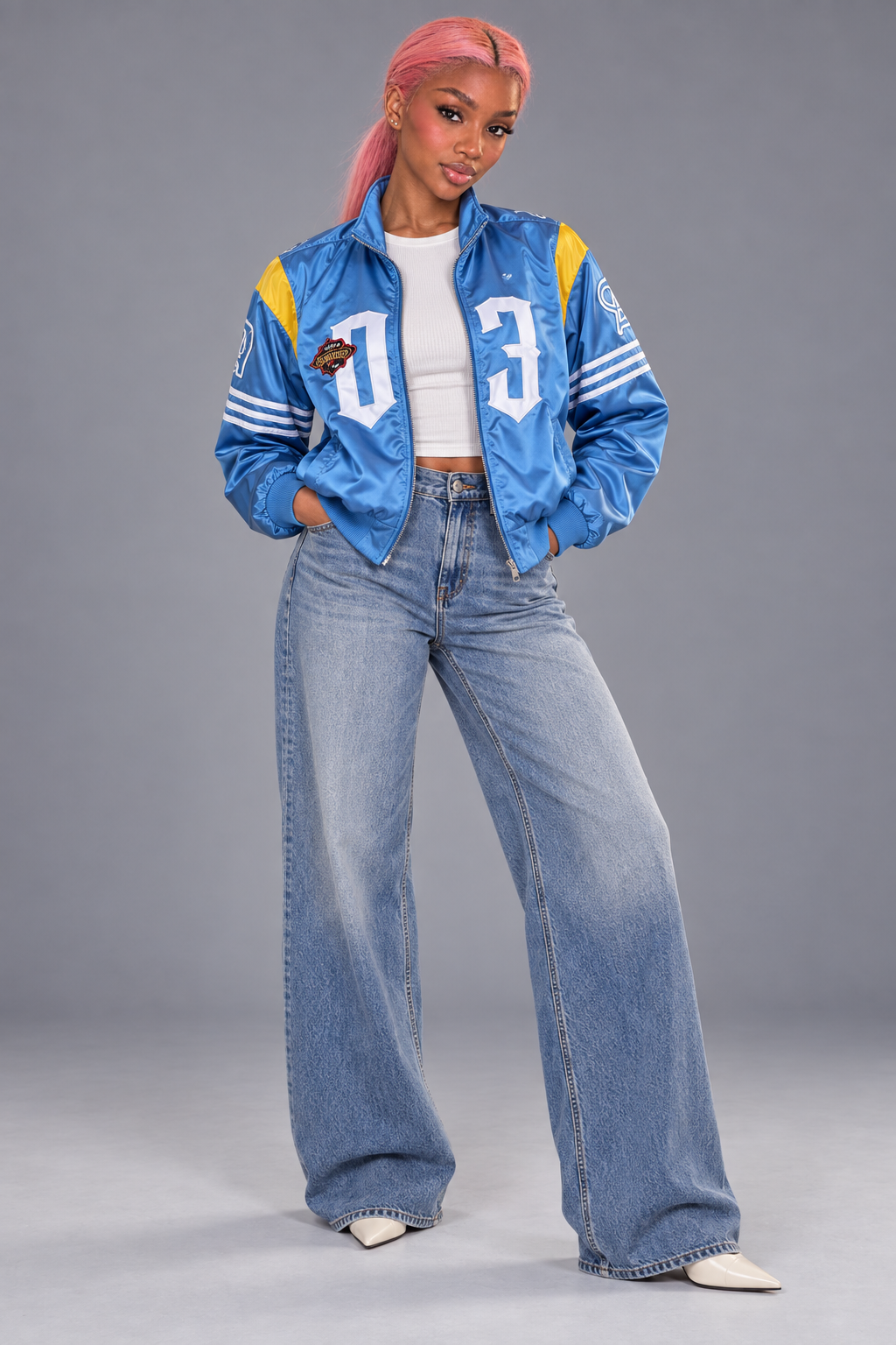 Bomber oversize Adidas satiné bleu et jaune numéro 03