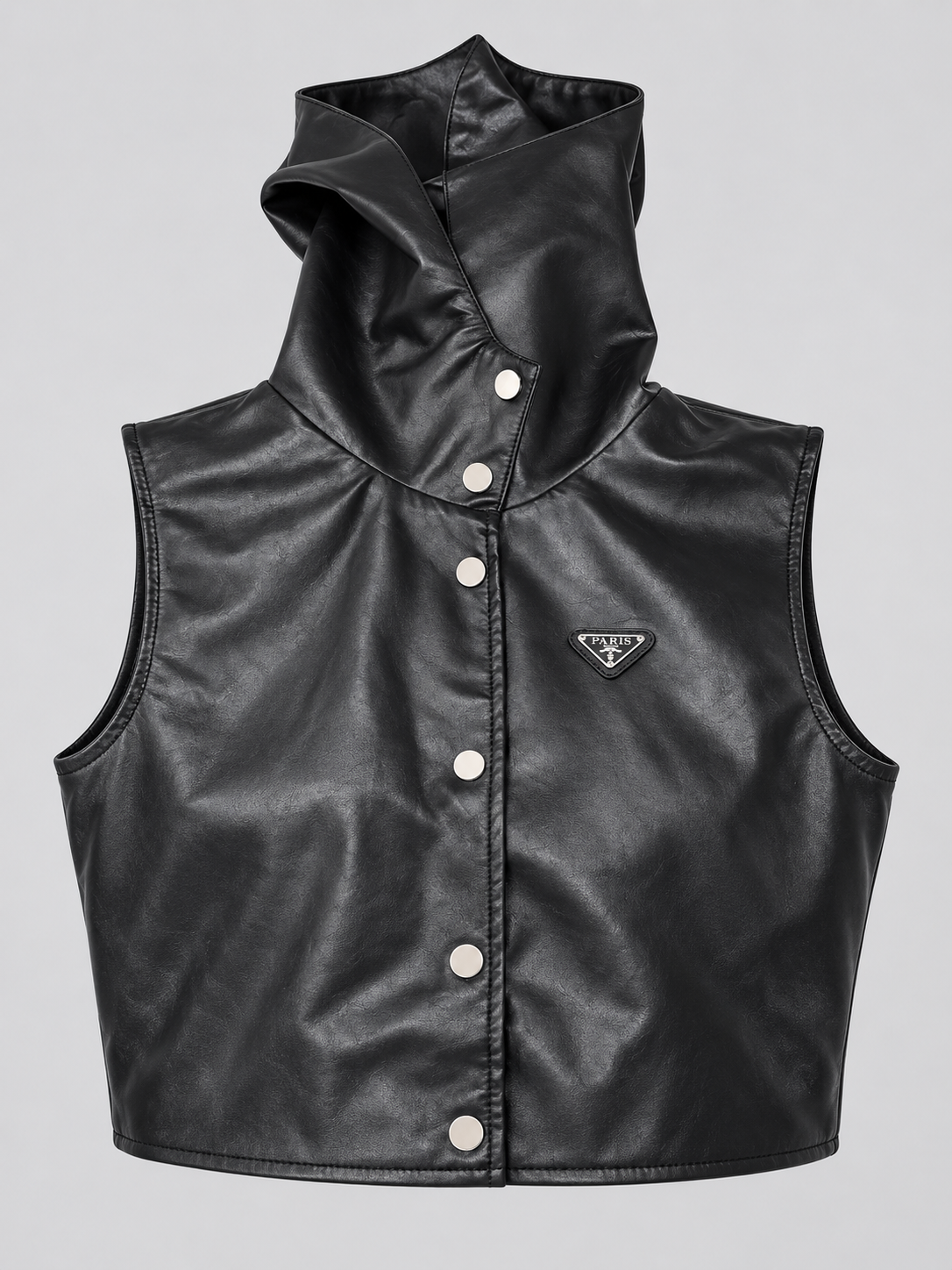 Gilet noir sans manches effet cuir avec capuche et boutons métalliques