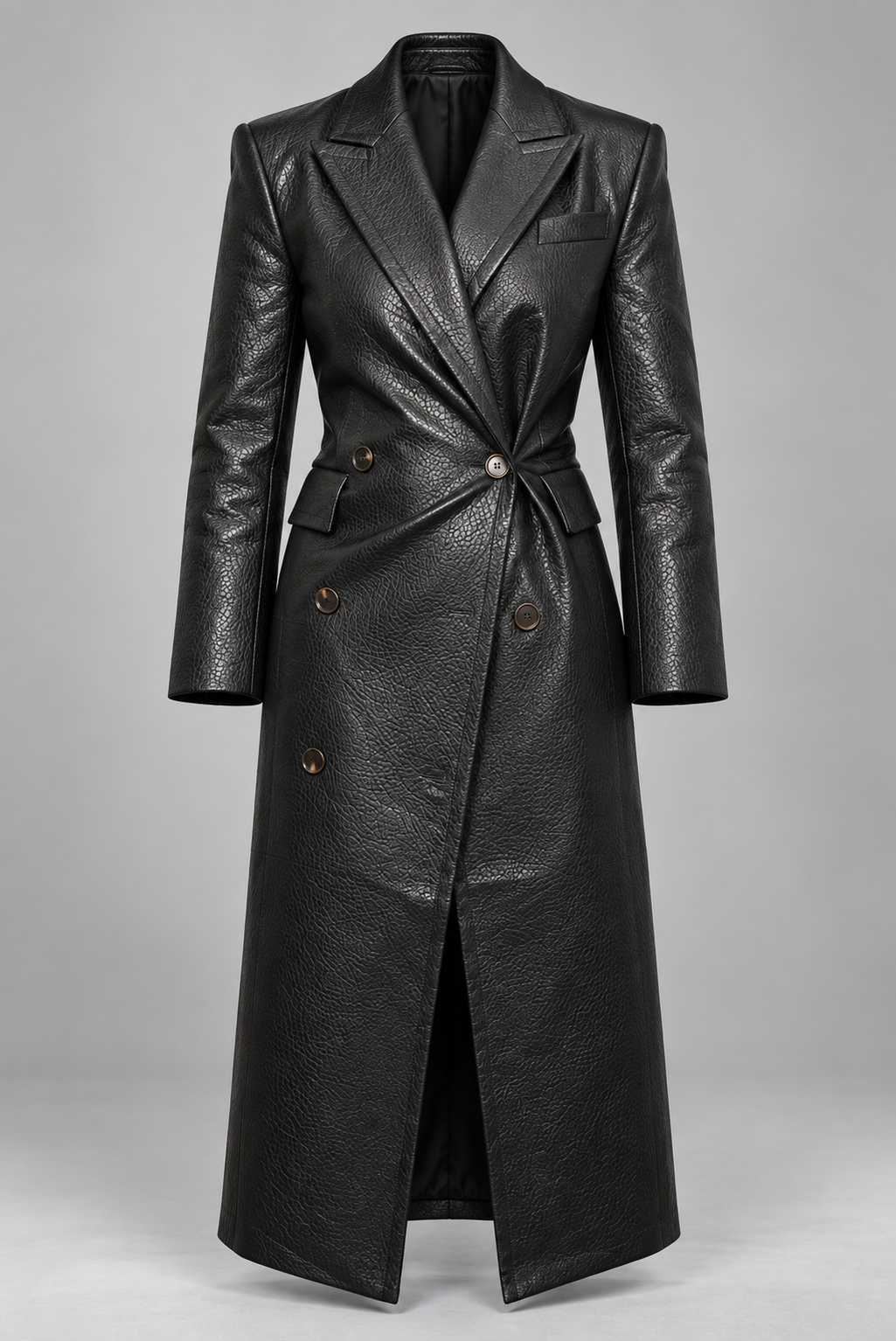 Trench Long Cuir Texturé Noir