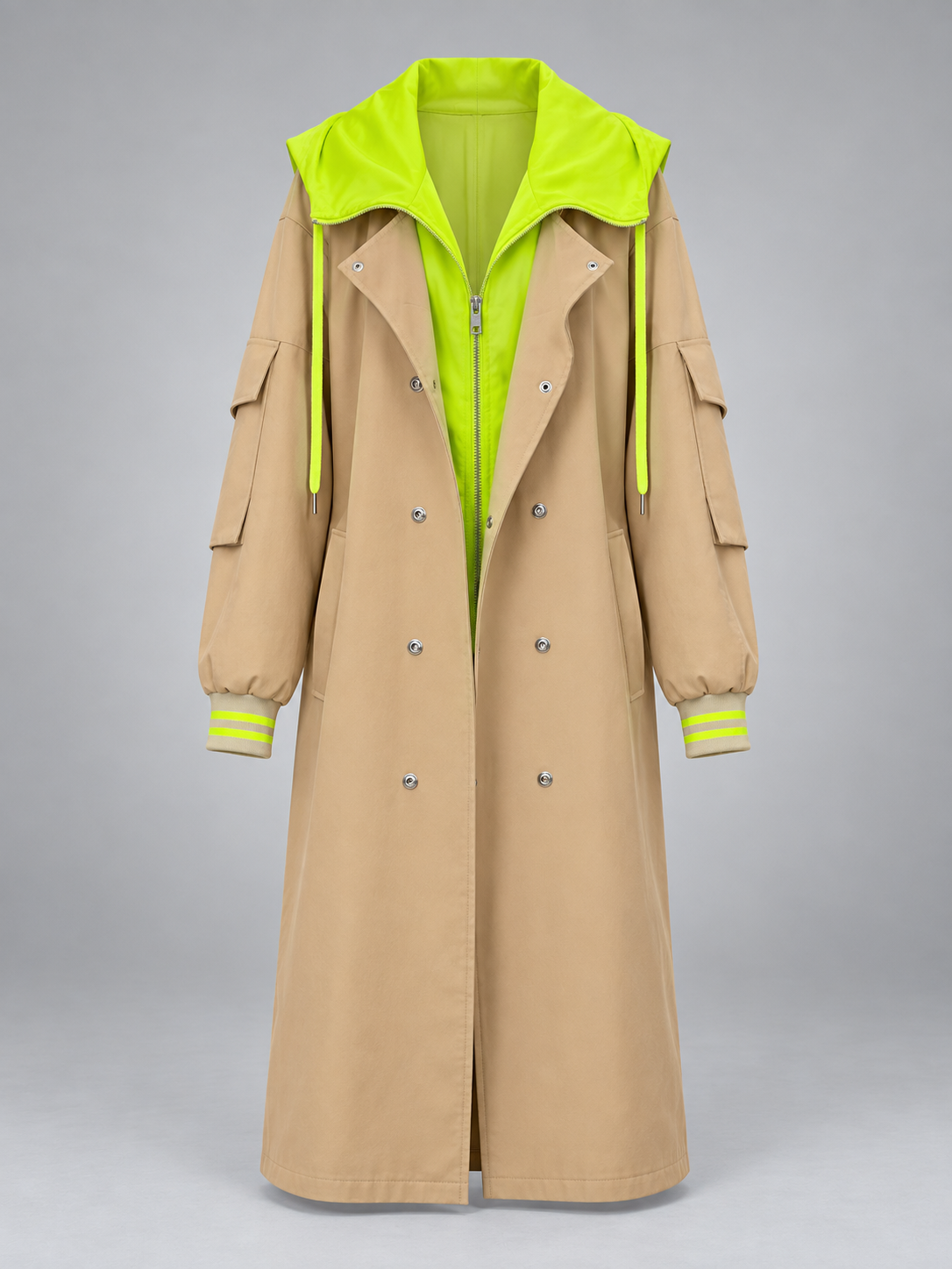 Trench long beige avec capuche et finitions jaune fluo, vue de face