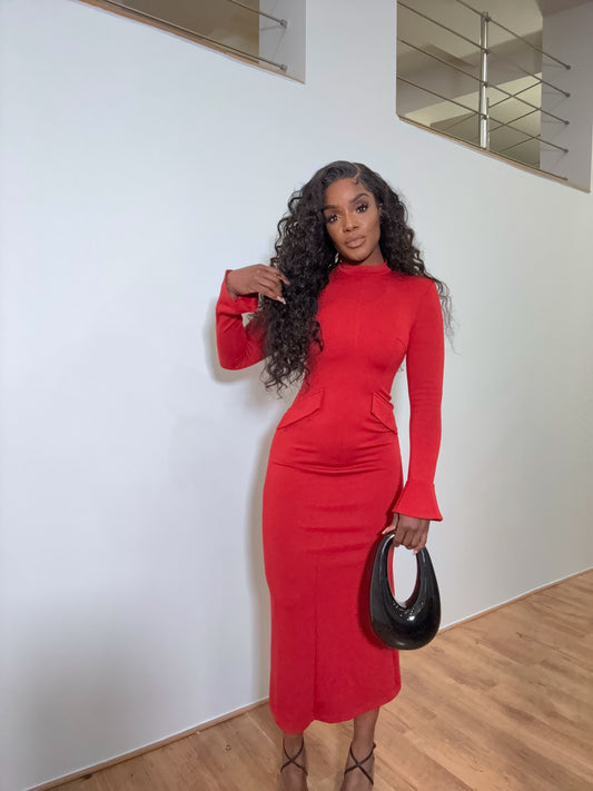 Robe Midi Rouge Élégante et Cintrée Korean