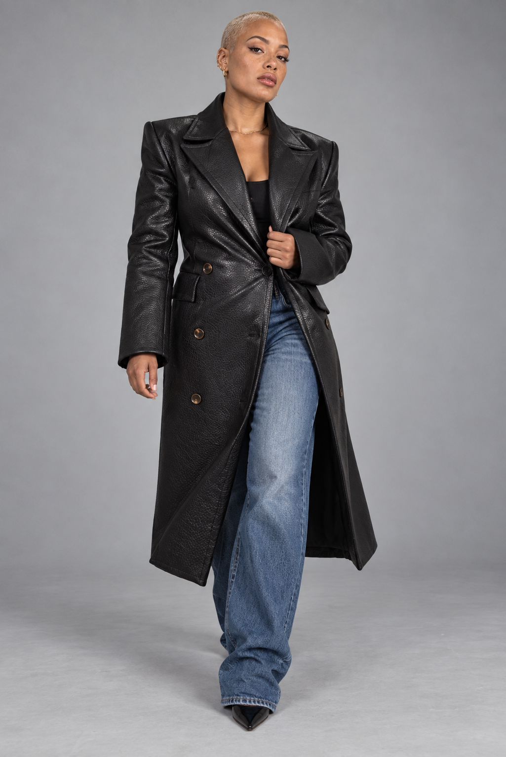 Trench Long Cuir Texturé Noir