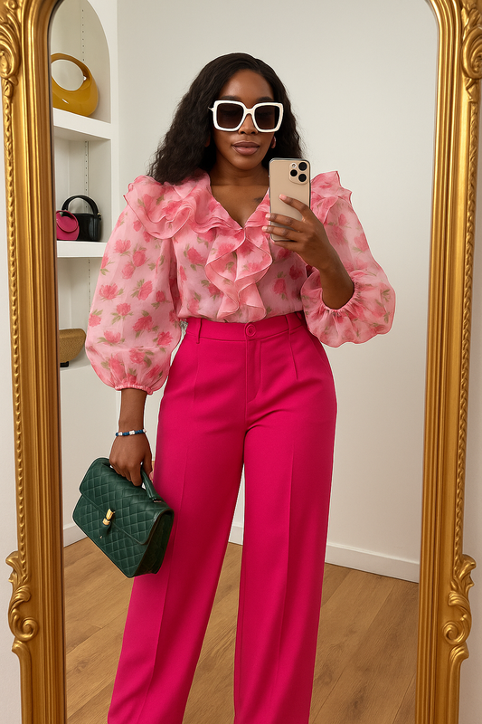 Chemisier fluide à imprimé floral rose – Manches bouffantes & volants