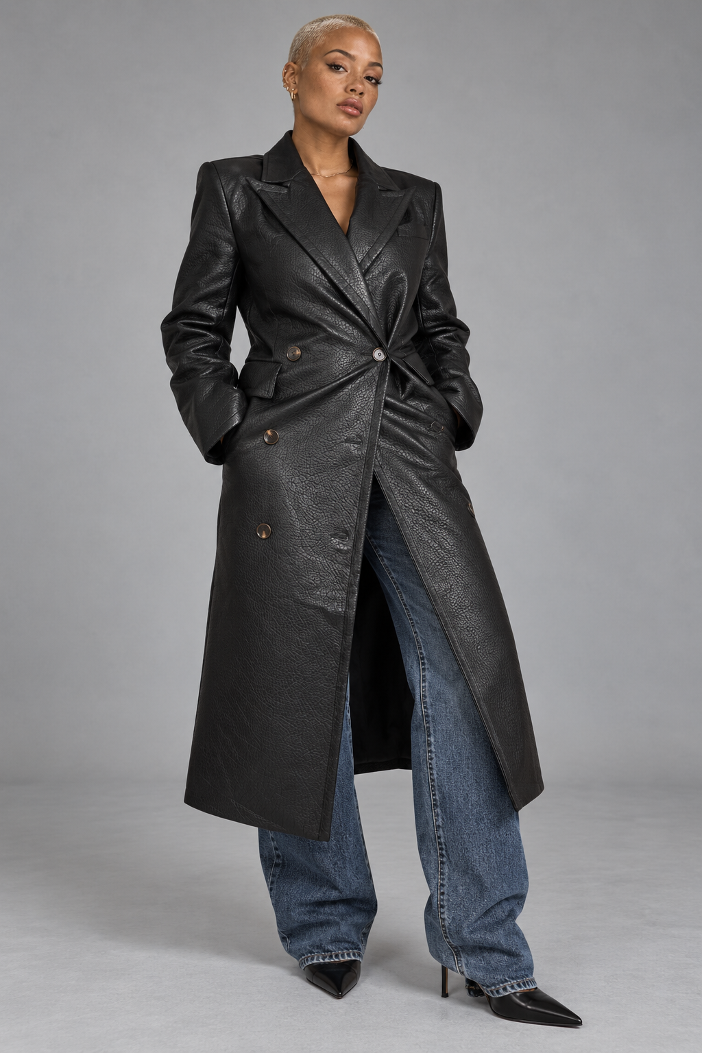Trench Long Cuir Texturé Noir