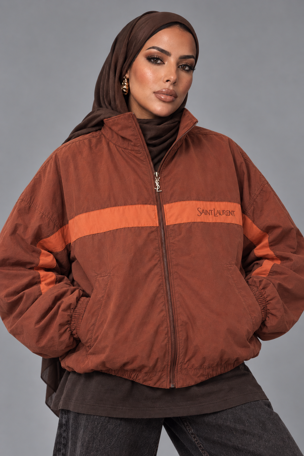 Veste Saint Laurent bicolore marron orange - vue de face