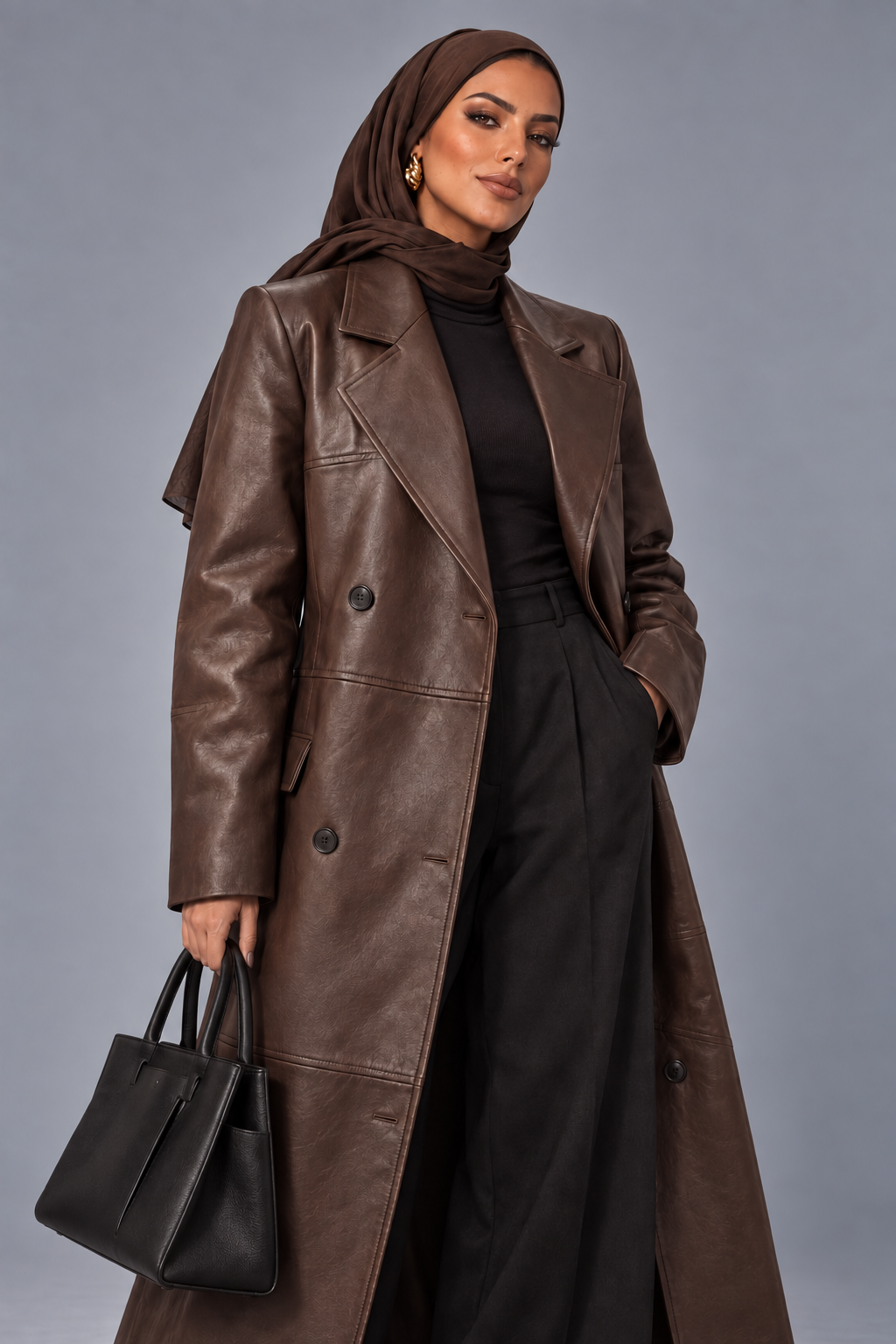 Veste longue marron effet cuir portée vue de face