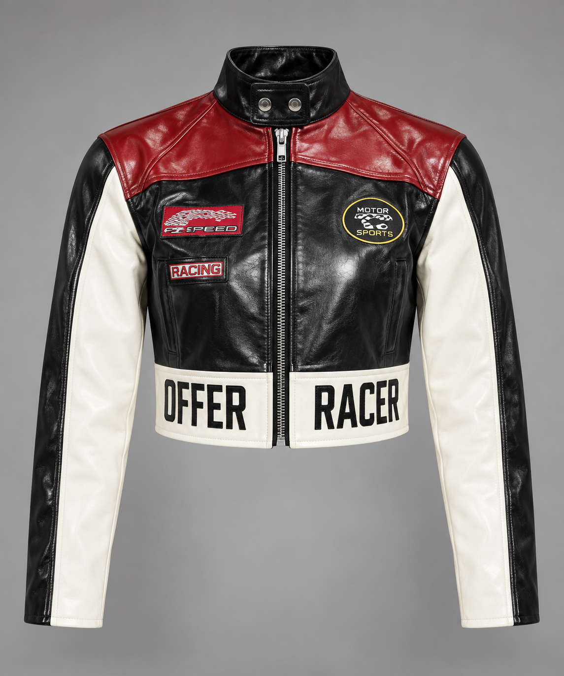 Veste courte racing noire rouge et blanche vue de face