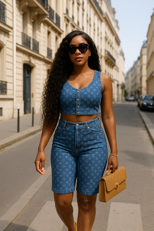 Ensemble Denim Monogramme – Haut Boutonné + Bermuda (Taille L)

 

 