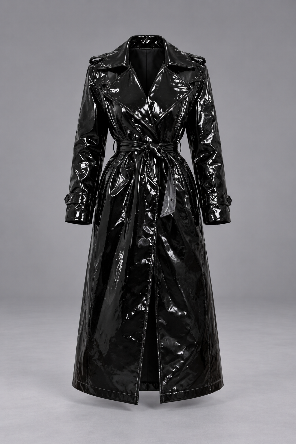 Trench long noir brillant ceinturé