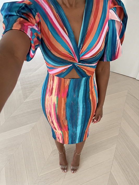 Robe manches bouffante à rayures