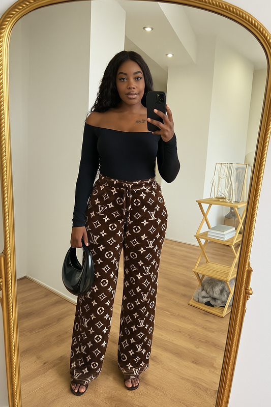Pantalon Velours Luxe Motif Monogramme Marron